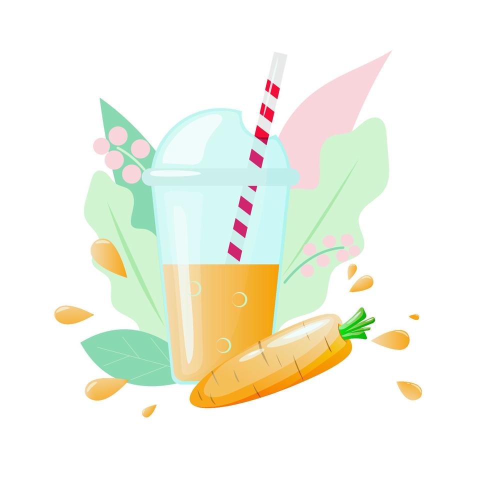 plast kopp med lock och rör. morot juice. vektor tecknad serie illustration