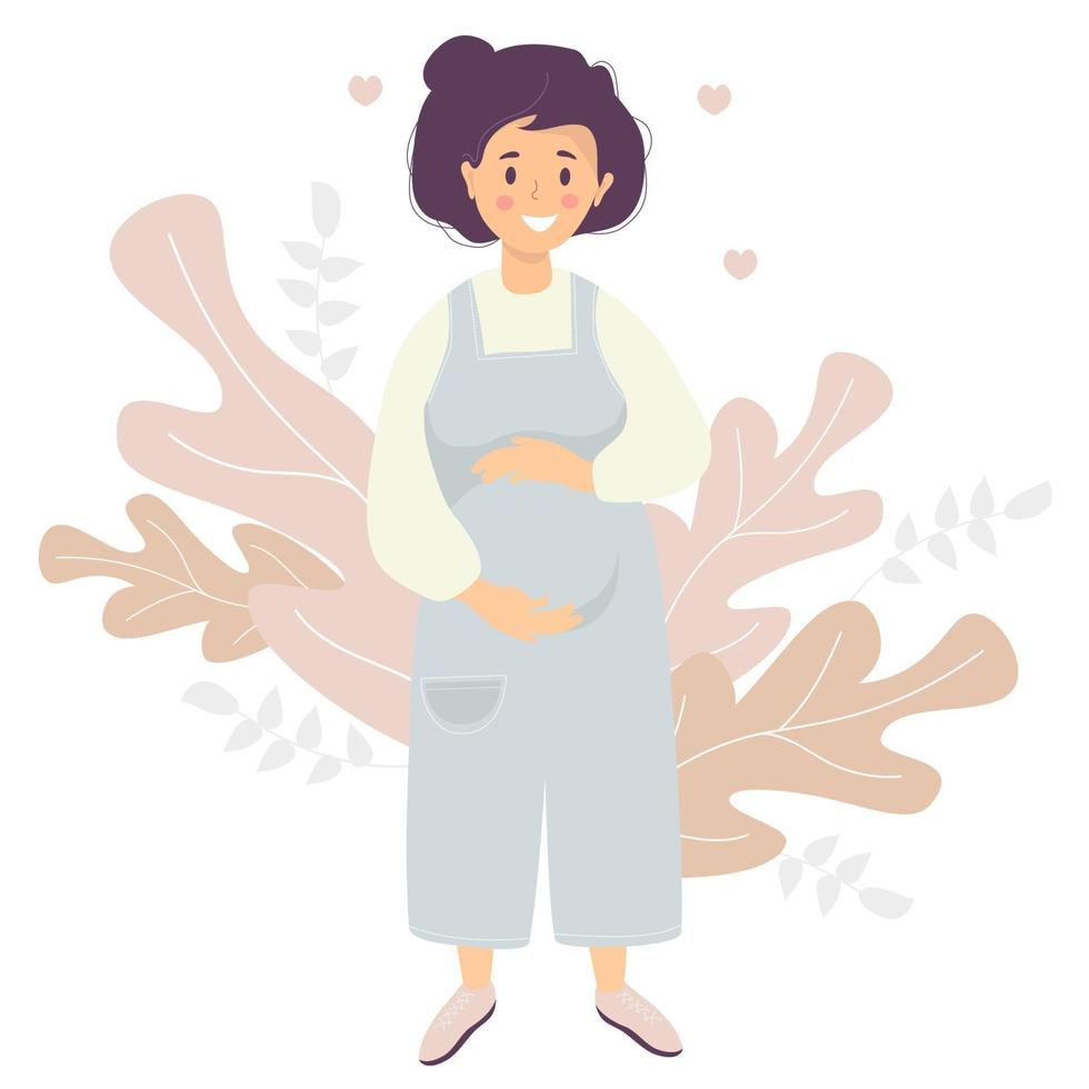 Mutterschaft. glückliche schwangere Frau in blauen Overalls Hosen umarmt sanft ihren Bauch mit ihren Händen. Vektorillustration. flache Designfiguren auf dekorativem Hintergrund von tropischen Blättern und Herzen vektor