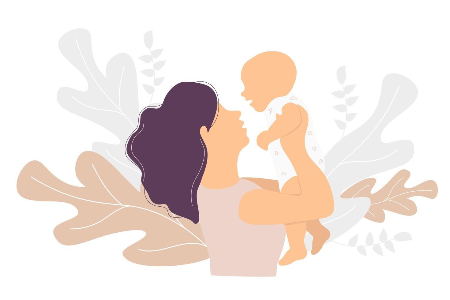 Mutterschaft. glückliche Frau mit einem Baby in ihren Armen auf einem Hintergrund mit einem tropischen Dekor von Zweigen und Pflanzen. Vektorillustration. Konzept - Mutter und kleines Baby. Familienvektor flach vektor