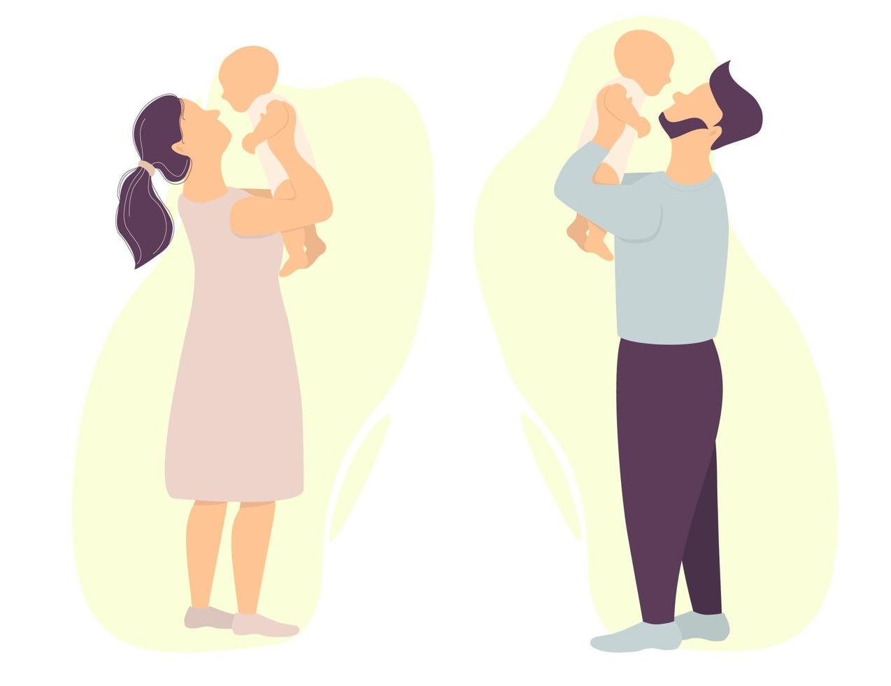 Vektorsatz der glücklichen Eltern. Ein Mann und eine Frau halten ein Neugeborenes in der Hand. Vektor. flache Illustration für Design, Dekoration, Druck und Postkarten vektor
