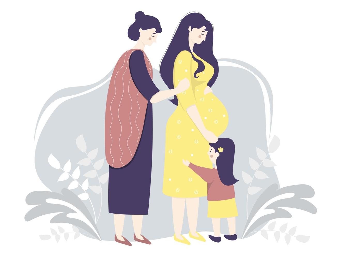 moderskap och familj vektor platt. glad gravid kvinna i en gul klänning kramar försiktigt hennes mage. bredvid henne är en kvinnamamma och -dotter på en dekorativ bakgrund med löv. vektor illustration