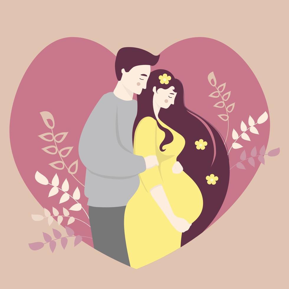 Mutterschaft und Familie. glückliche schwangere Frau in einem gelben Kleid umarmt ihren Bauch mit ihren Händen und neben einem Mann. auf dem Hintergrund des Herzens mit einem Dekor von Zweigen und Pflanzen. Vektorillustration vektor
