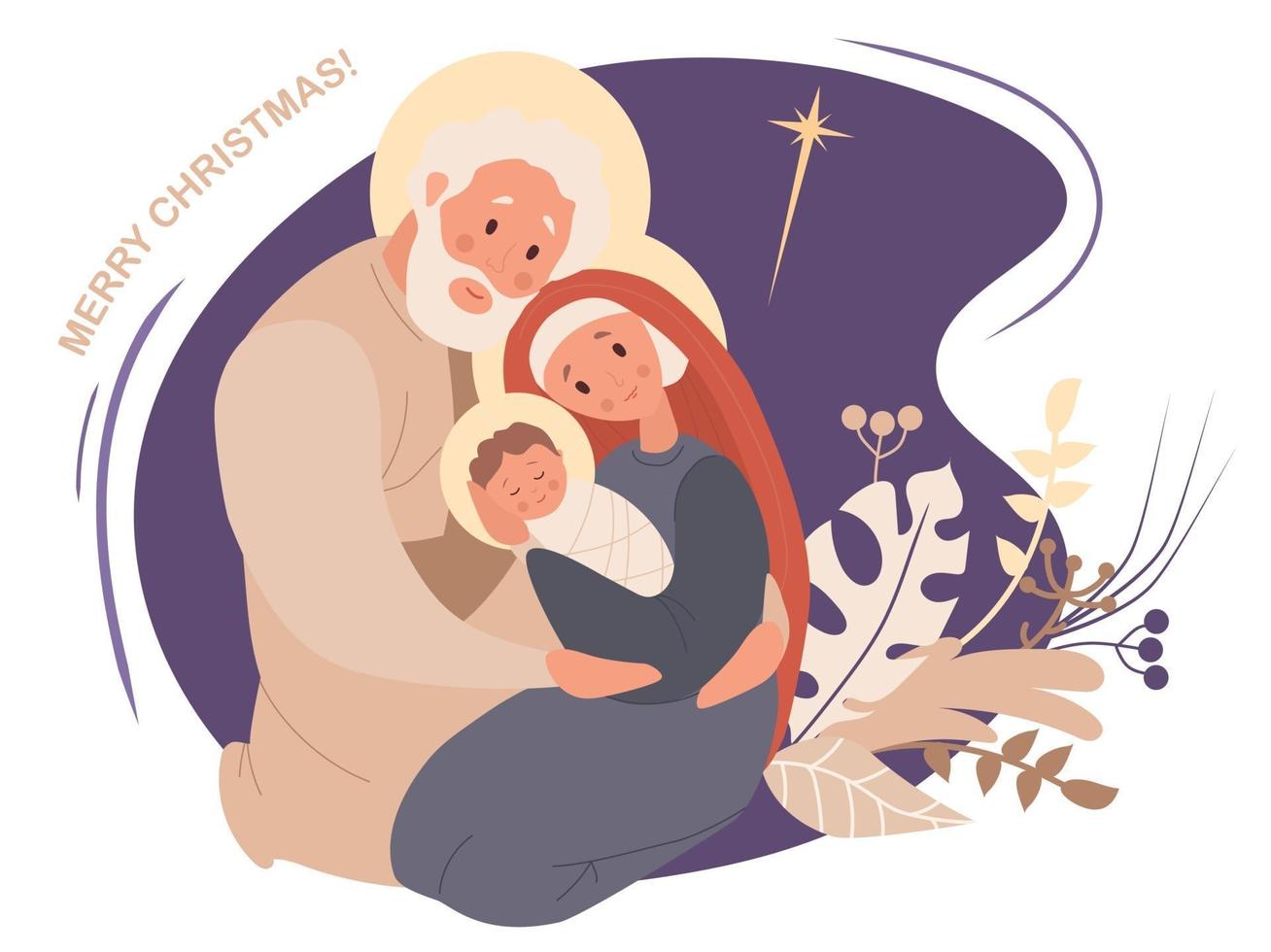 god Jul. jungfru Maria och Joseph och baby Jesus Kristus. födelsen av den frälsande, heliga familjen och stjärnan av Betlehem på en lila bakgrund med tropisk inredning. vektor illustration