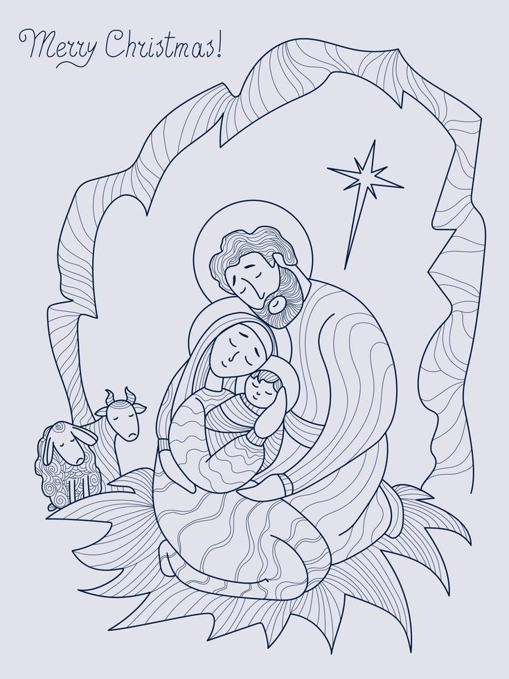 god Jul. jungfru Maria, Joseph och baby Jesus Kristus i grottan, bredvid ett får. helig natt frälsarens födelse och betlehemstjärnan. vektor. linje, disposition. religiös, familjesemester vektor