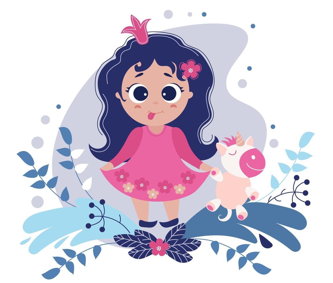 söt liten lekfull tjejprinsessa med tungan som hänger ut och en leksak enhörning i handen på en lila bakgrund med dekorativa blommor och löv. vektor illustration. barn samling