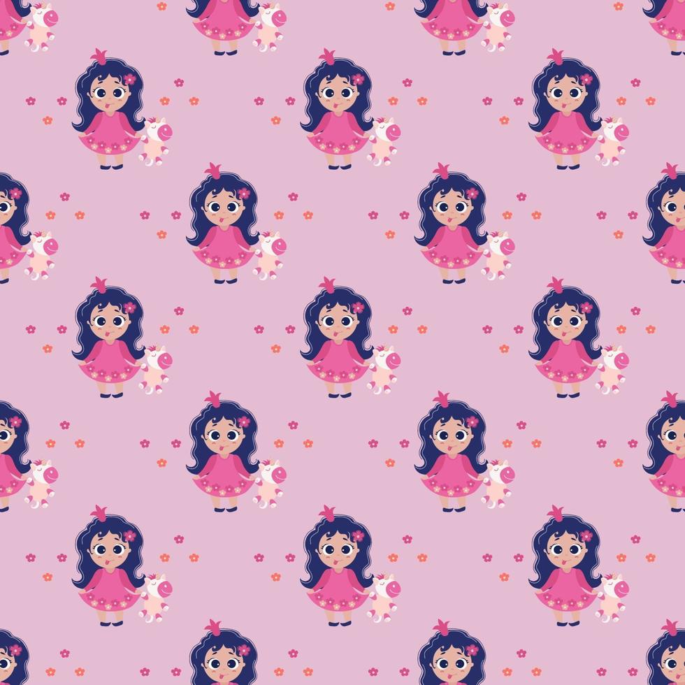 sömlösa mönster. en prinsessaflicka med tungan som hänger ut och långt hår håller en enhörningleksak i sina händer på en rosa bakgrund. vektor. barnkollektion för design, textil, förpackning, tapeter vektor