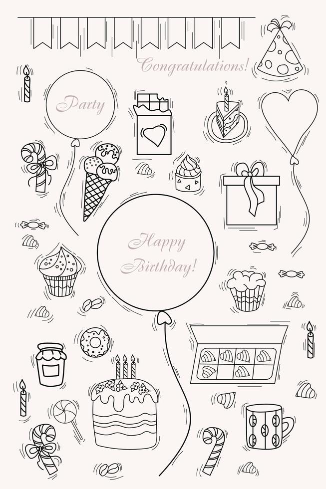uppsättning fest och födelsedag doodles. ballonger och lådor med gåvor, godis, godis och tårta med ljus och hatt för födelsedagspojken vektor