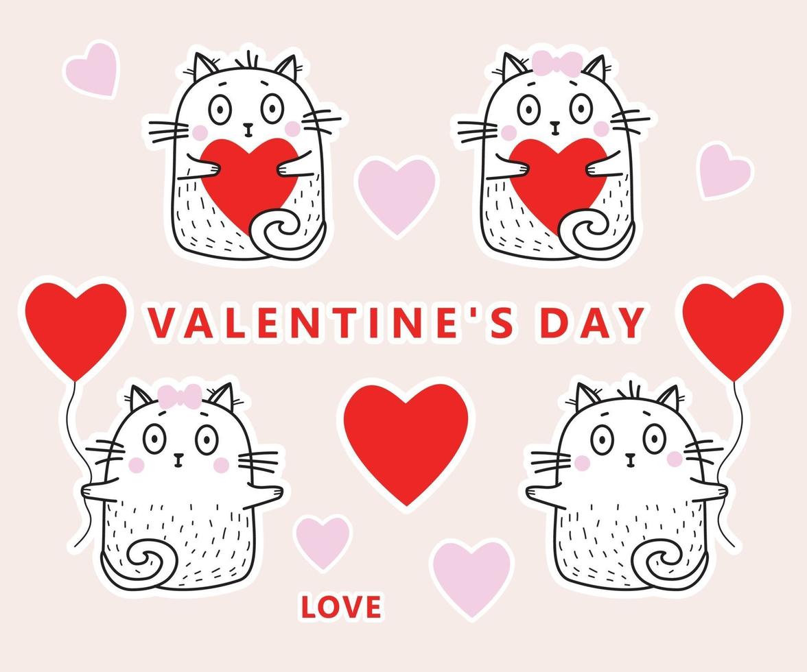 uppsättning klistermärken i kärlek katter med hjärtan och med röda ballonger för alla hjärtans dag. vektor illustration. samling av vita söta katter för design, dekoration och hälsning valentiner