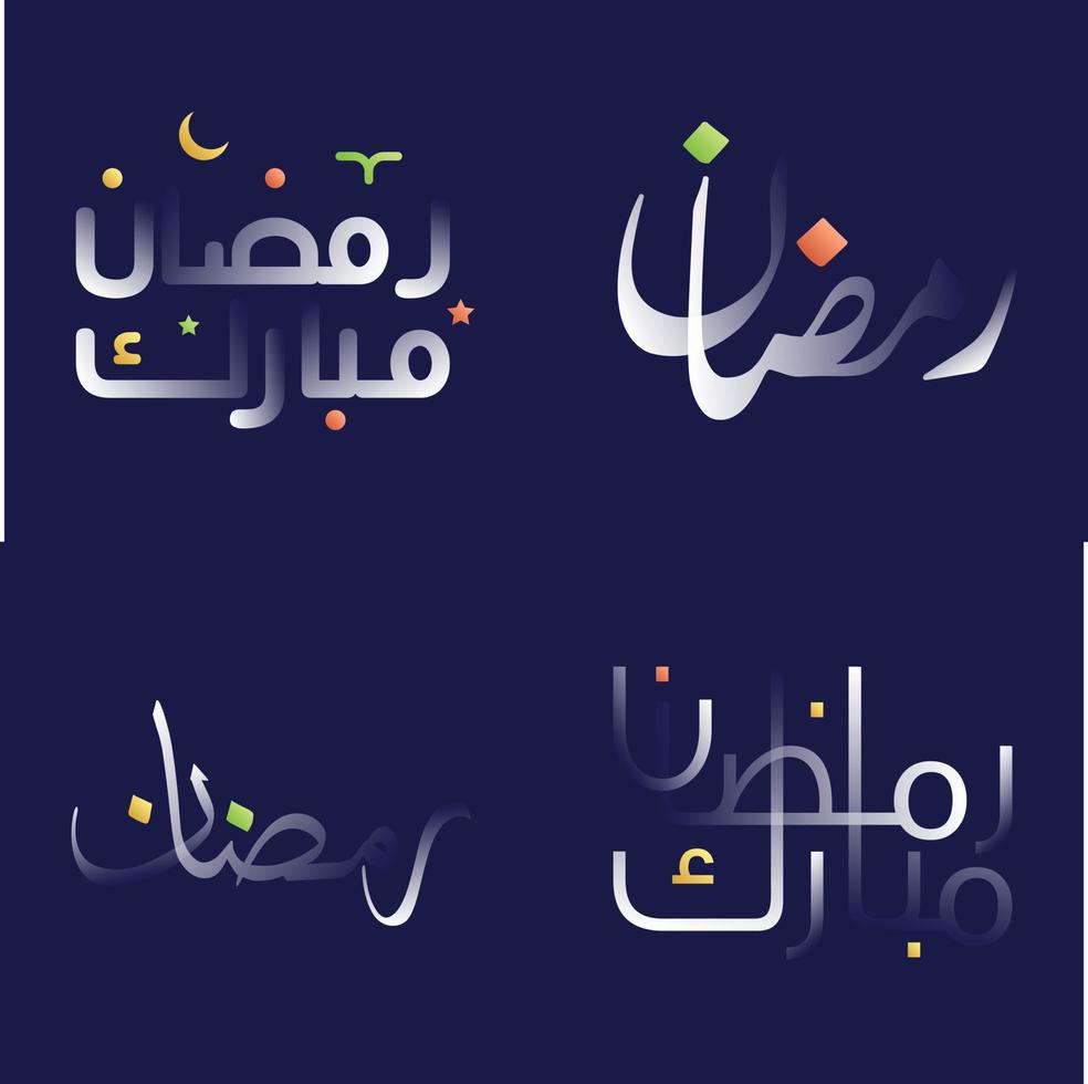 ramadan kareem kalligrafi packa med vit glansig effekt och färgrik slingor vektor