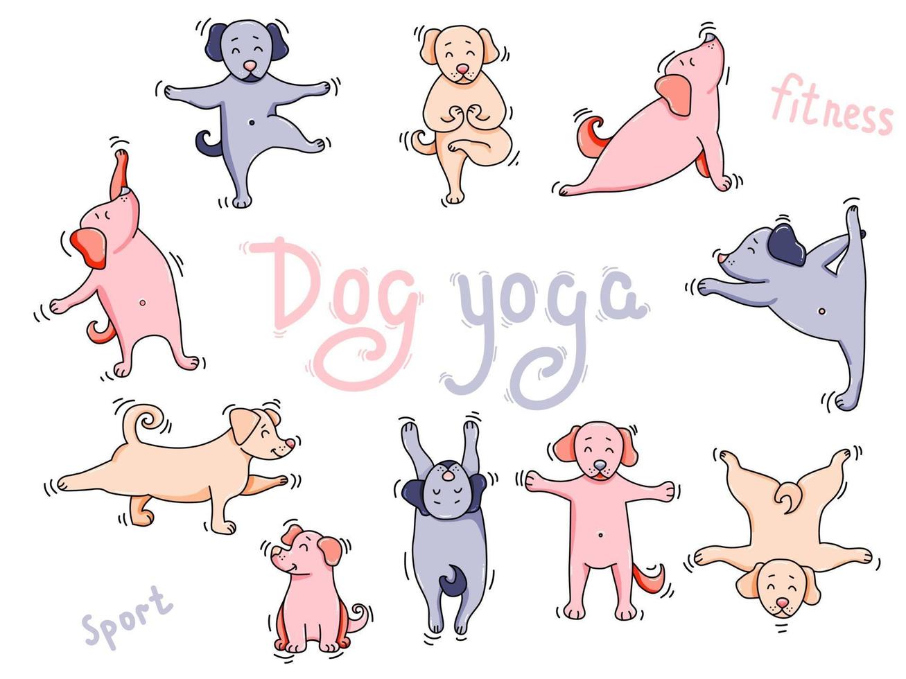 Yoga-Haustiere. große farbige Reihe von Hund Yoga. niedliche Welpensportler stehen in einer Asana auf und meditieren, machen Sportübungen und machen Übungen. Vektorillustration. isoliert auf weißem Hintergrund vektor