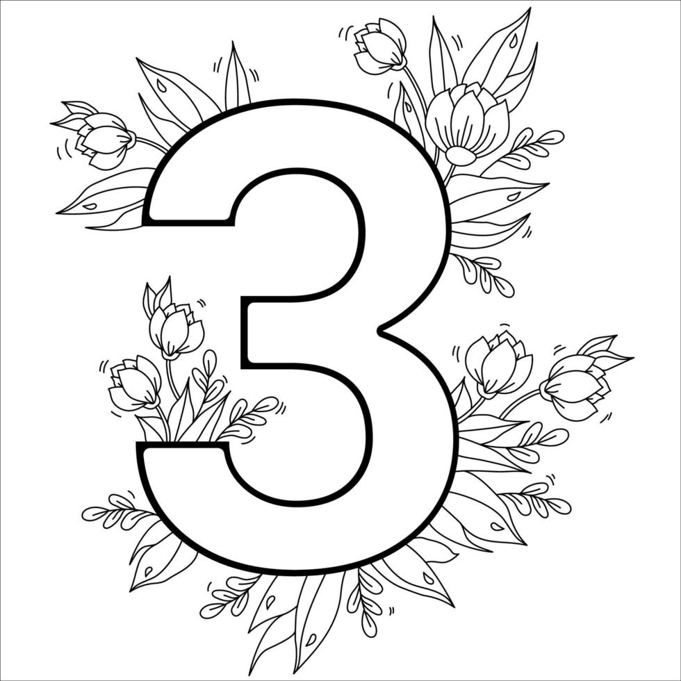 blomma nummer tre. dekorativt mönster 3 med blommor, tulpaner, knoppar och löv. vektorillustration isolerad på vit bakgrund. linje, disposition. för gratulationskort, tryck, design och dekoration vektor