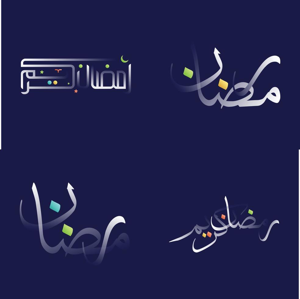 glansig vit ramadan kareem kalligrafi packa med iögonfallande design element i flera olika färger vektor