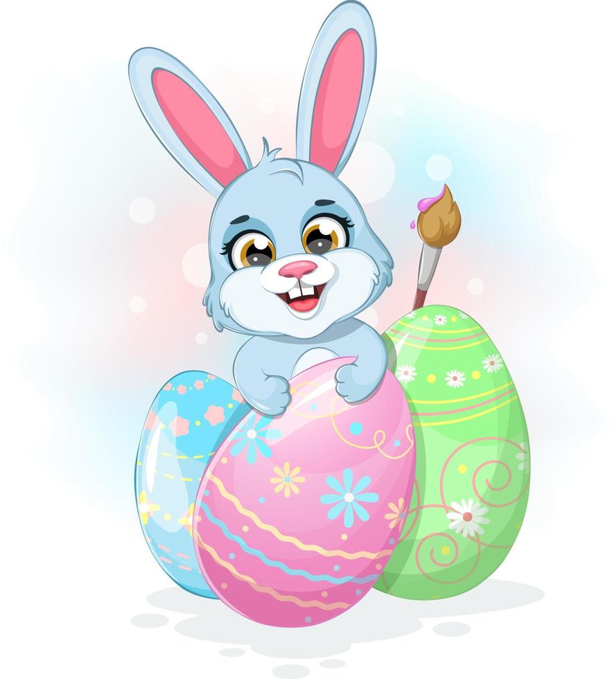 en söt tecknad serie kanin med påsk ägg och måla borsta vektor