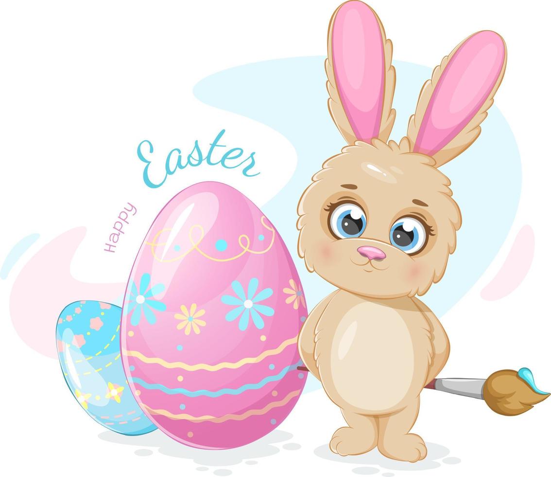 glücklich Ostern Postkarte mit Karikatur Hase, Eier und Farbe Bürste vektor