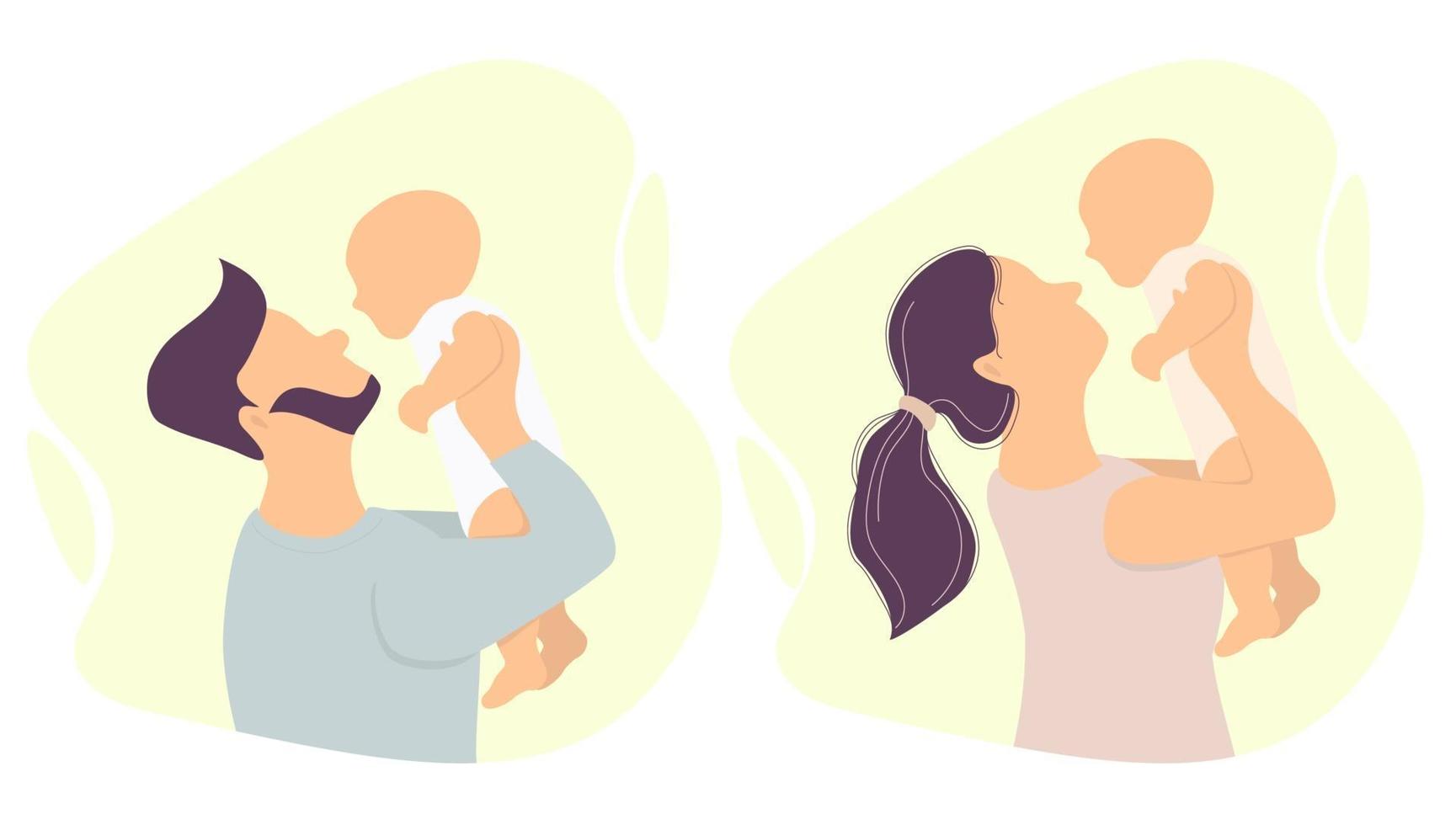 lyckliga föräldrar med en bebis. man och kvinna som håller nyfödd son och dotter. vektor illustration. uppsättning. platt illustration