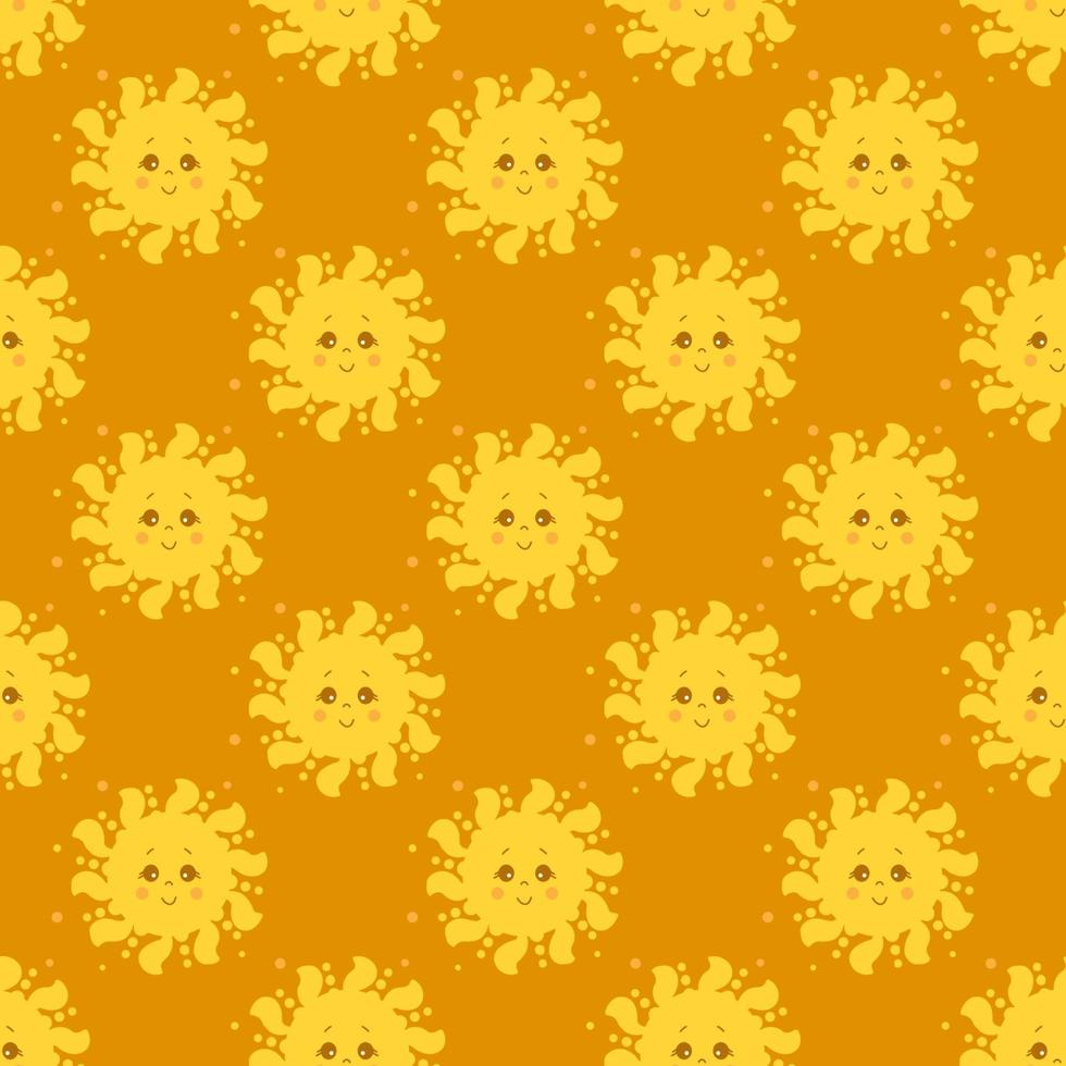 nahtloses Muster. niedliche gelbe Sonne mit Gesicht und Lächeln auf einem orange Hintergrund. Vektor