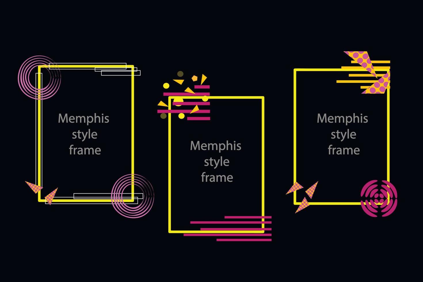 uppsättning av tre attraktiv ramar i memphis stil ljus kontrasterande för blog text på en svart bakgrund vektor