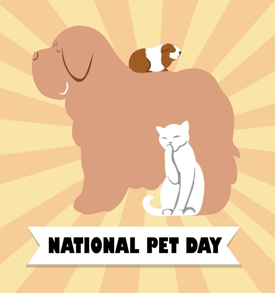 Lycklig nationell hund dag hälsning kort vektor design. söt tecknad serie hund mot de bakgrund av de flagga USA