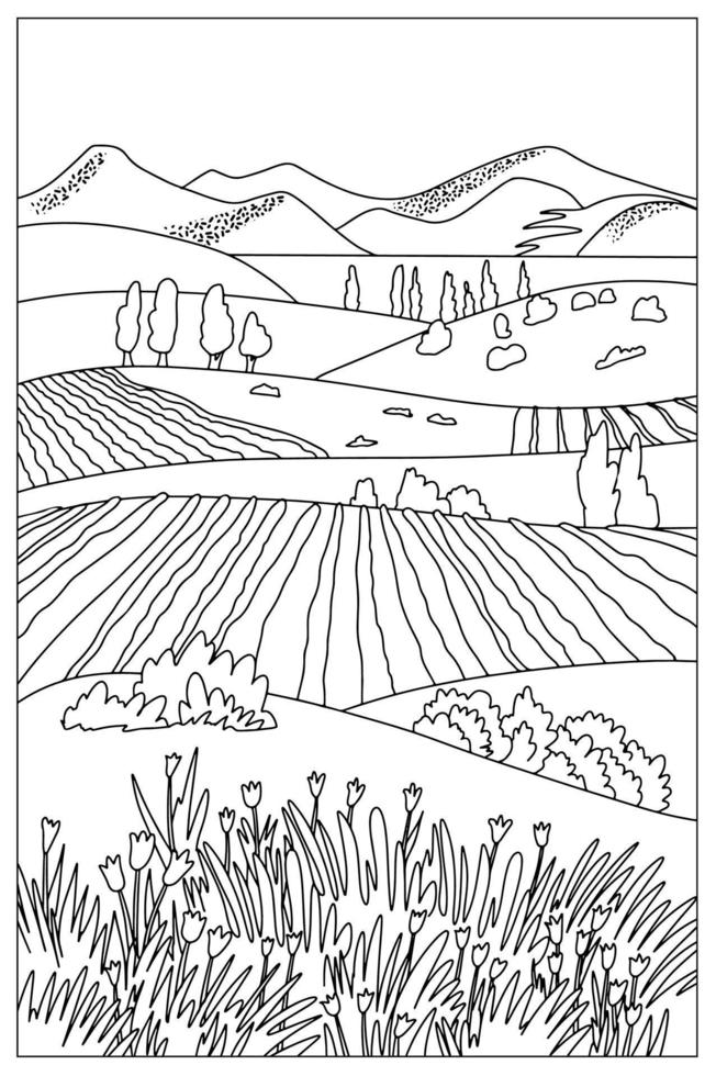 färg bok . härlig landskap, berg och fält i de dal. vektor konst linje bakgrund.