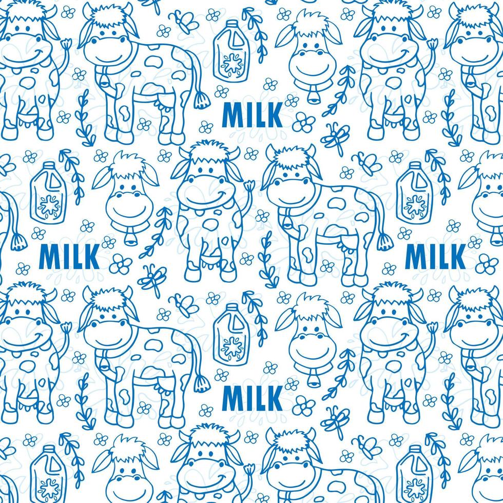 süß nahtlos Muster auf Blau Hintergrund dekoriert mit wenig Kühe Milch Box und Spritzen Design zum Welt Milch Tag. vektor