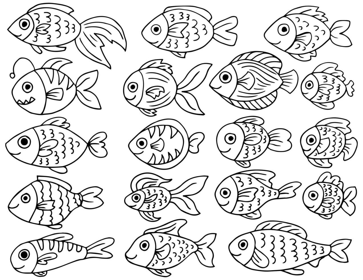 unter Wasser Welt Meer Leben Ozean Fisch Symbol Satz. Fisch skizzieren Sammlung. Hand gezeichnet Vektor Illustration.