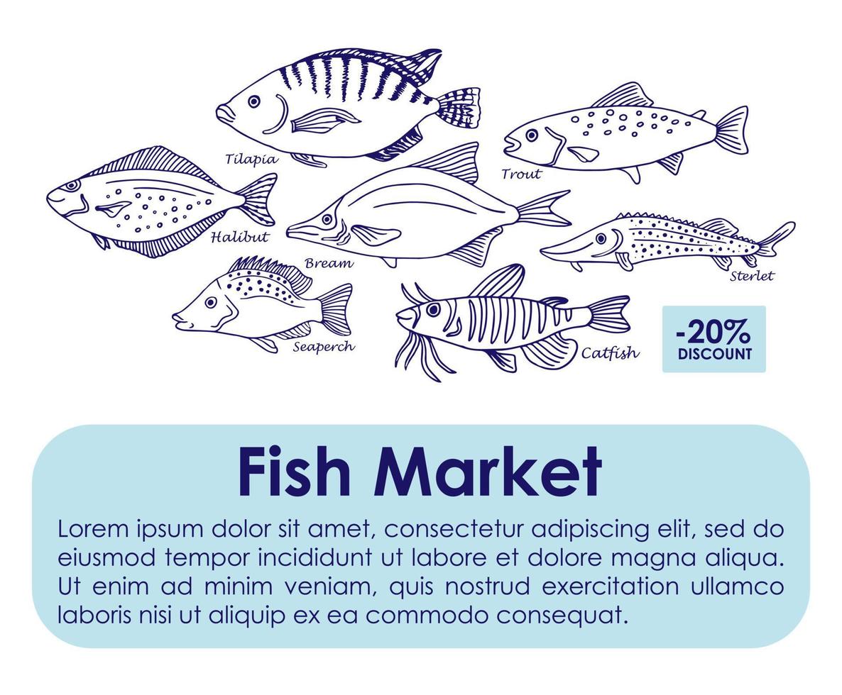 Meeresfrüchte und frisches Wasser Fisch Banner. Fisch skizzieren Vektor Illustration. Poster zum Fisch Markt, Angeln und Fischerei Industrie Design