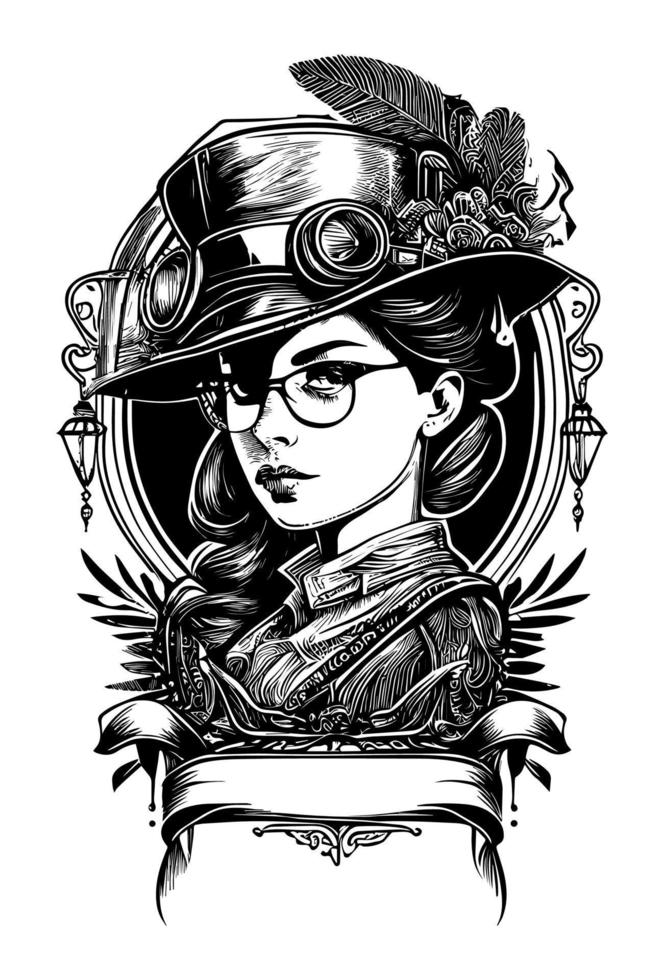 steampunk skön flicka med glasögon och hatt illustration vektor