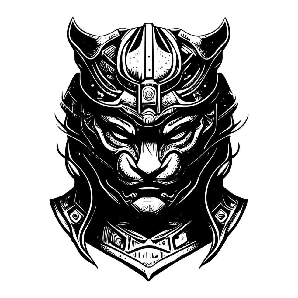 arg samuraj tiger illustration logotyp svart och vit hand dragen illustration vektor