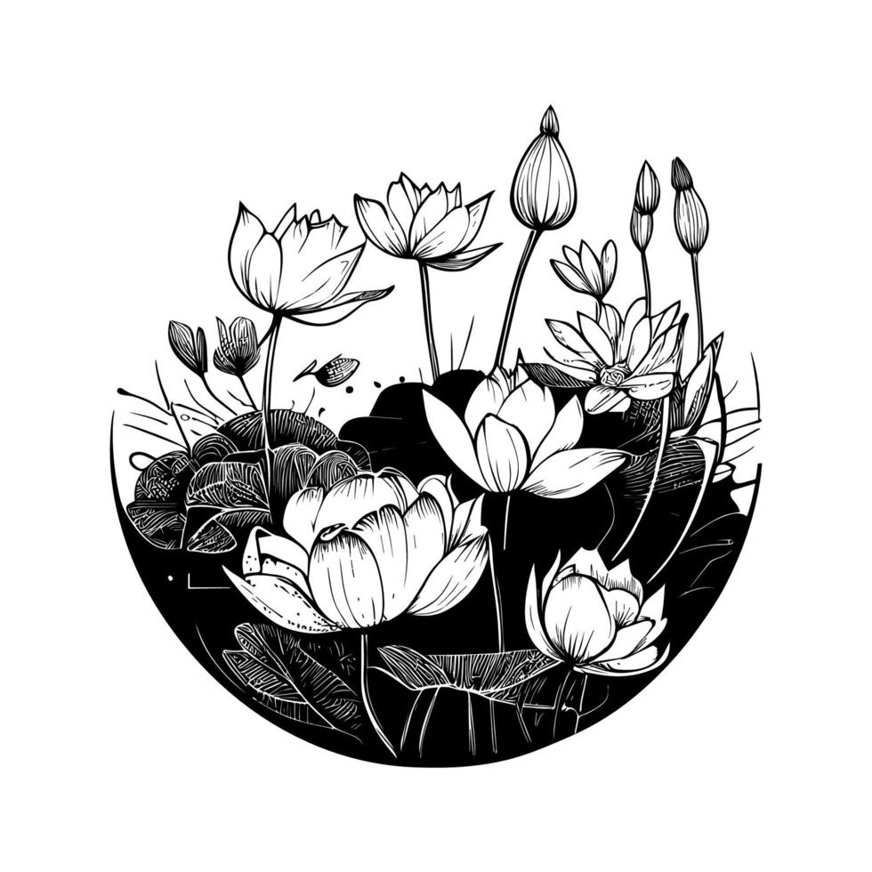 Lotus Logo runden Blumen- schwarz und Weiß Hand gezeichnet Illustration vektor