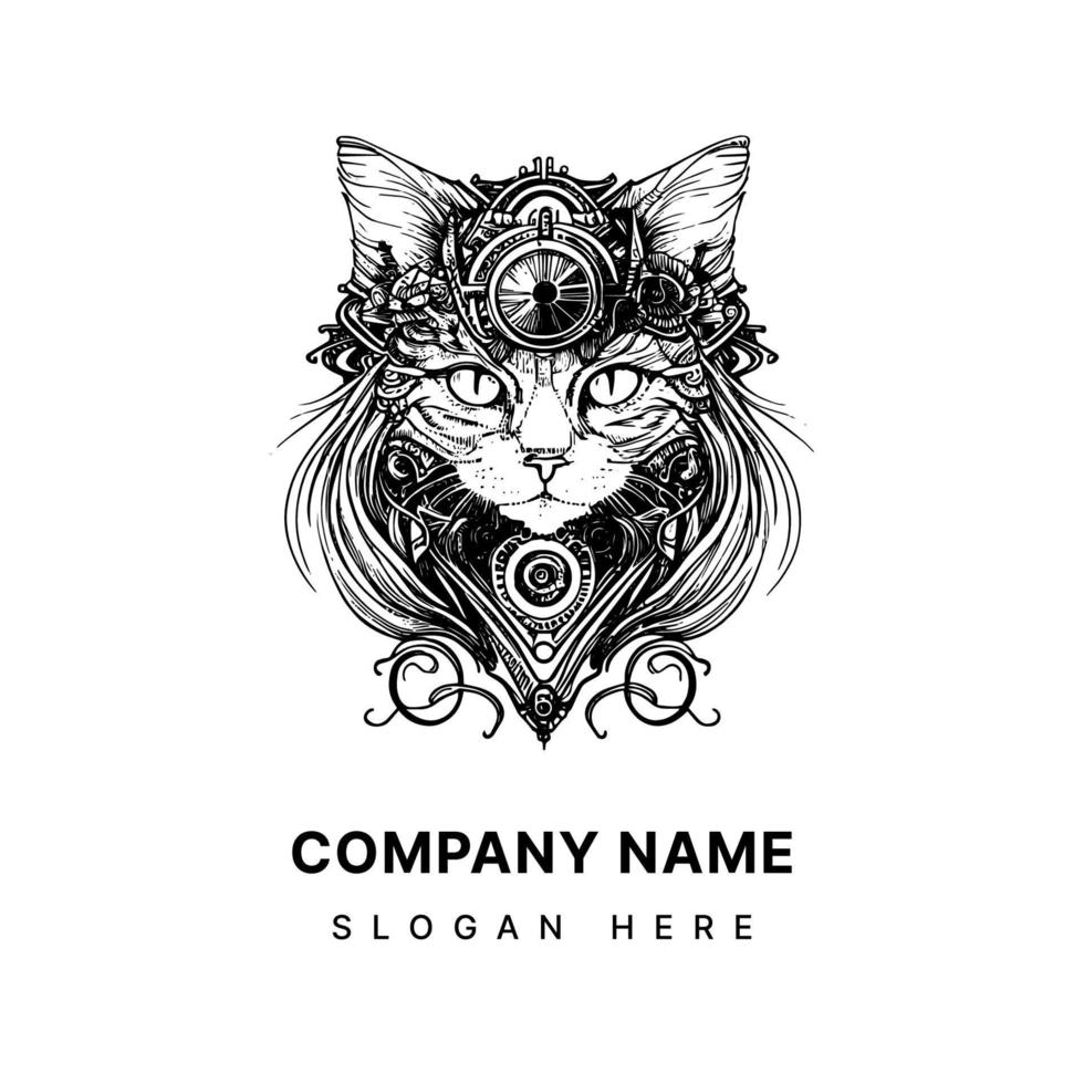 steampunk långt hår katt logotyp är en unik och charmig blandning av viktorianska eran estetik och kattdjur nåd. detta design funktioner en långhårig katt med strömmande päls, påklädning en krage med kugghjul vektor