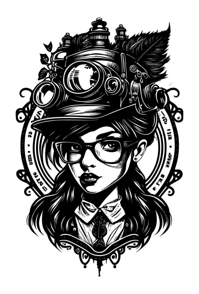 steampunk skön flicka med glasögon och hatt illustration vektor