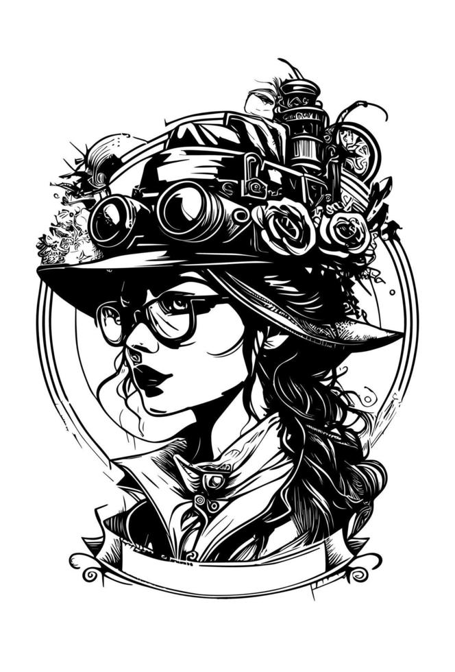 steampunk skön flicka med glasögon och hatt illustration vektor