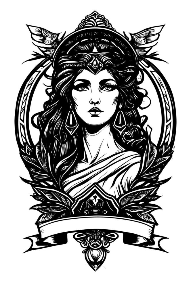 skön egyptisk cleopatra symbol svart och vit hand dragen logotyp illustration vektor