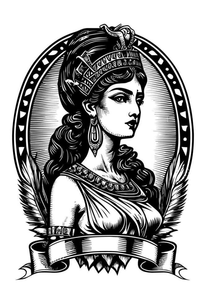 skön egyptisk cleopatra symbol svart och vit hand dragen logotyp illustration vektor