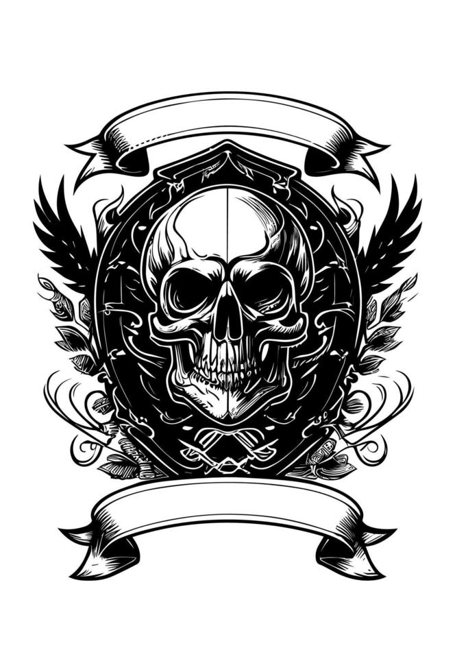 Schädel Kopf heraldisch Banner schwarz und Weiß Hand gezeichnet Illustration vektor
