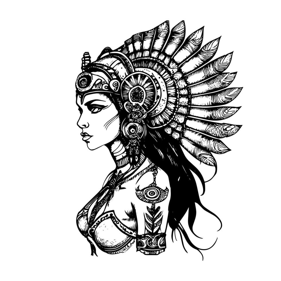 indisk flicka logotyp är en symbol av de rik och vibrerande kulturer av inhemsk stammar. detta design funktioner en ung flicka Utsmyckad med traditionell stam- Smycken och Kläder vektor