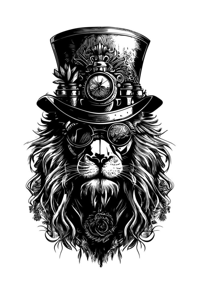 lejon huvud bär solglasögon och hatt steampunk illustration vektor