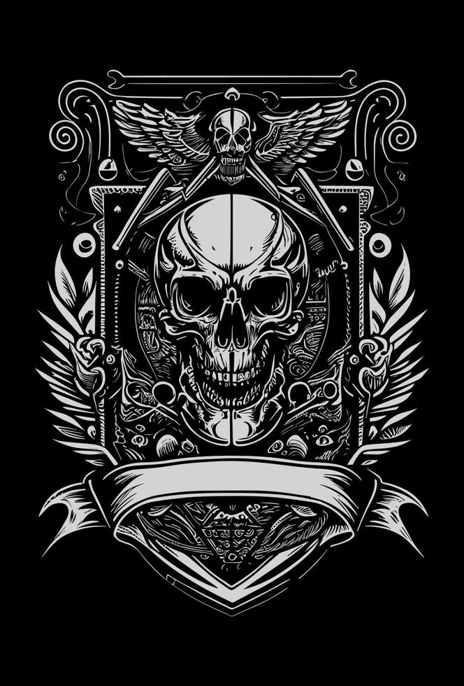 skalle huvud heraldisk baner svart och vit hand dragen illustration vektor
