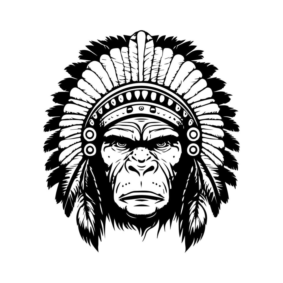 gorilla huvud med inföding amerikan indisk chef Tillbehör logotyp hand dragen illustration vektor