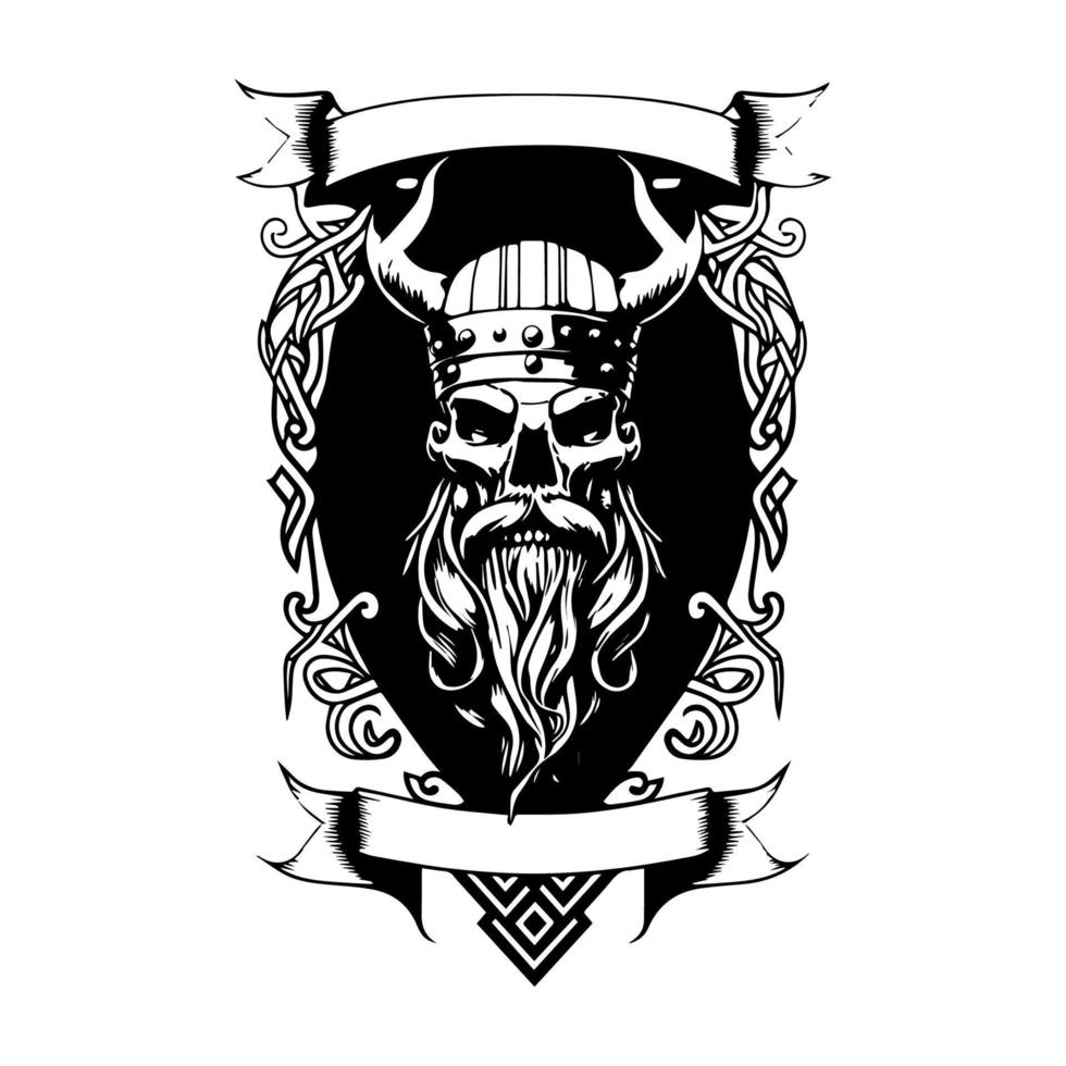 viking skalle huvud logotyp hand dragen illustration krigare mark vektor