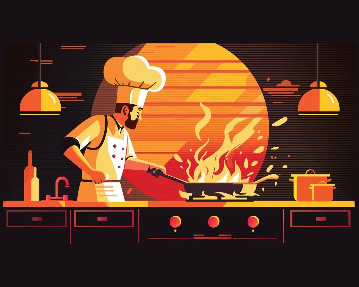 Koch Kochen, Koch vorbereiten Mahlzeit im das Küche, Koch beim arbeiten, Vektor Illustration