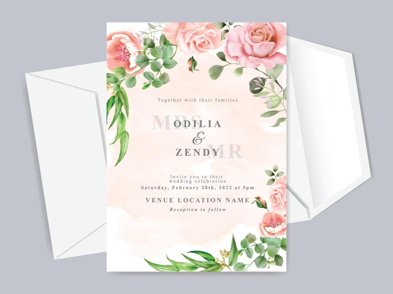 schöne Blumenhand gezeichnete Hochzeitseinladungskartenschablone vektor