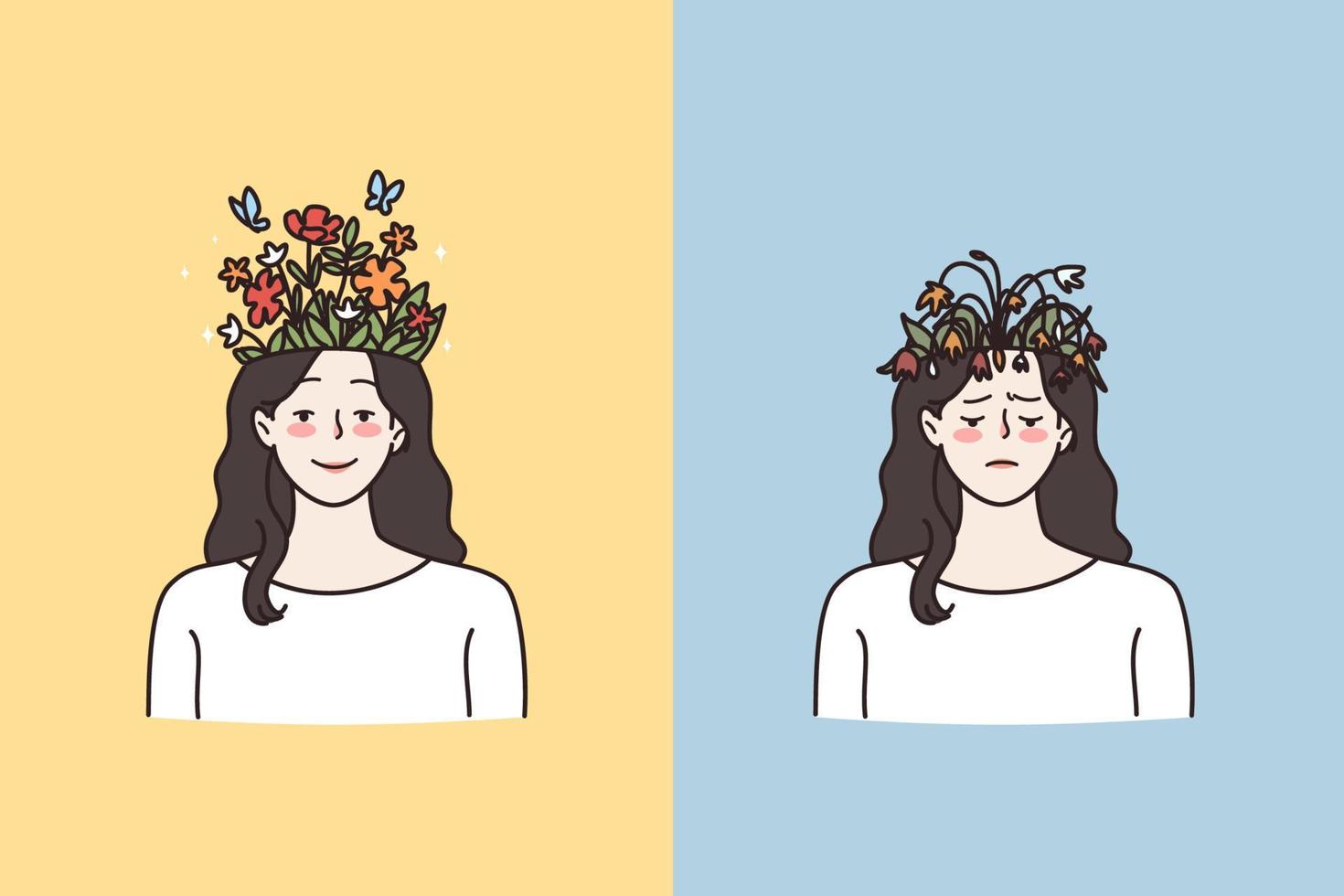 mental hälsa problem och kontraster begrepp. ung Lycklig och ledsen kvinna har växande blomma och skadad blommor på huvud menande mental stat vektor illustration