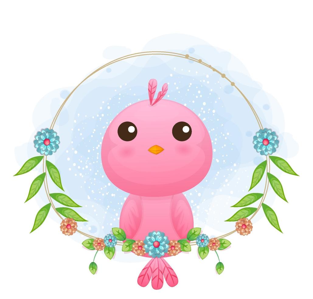 söt liten fågel med blommig tecknad illustration. djur med blommig samling vektor