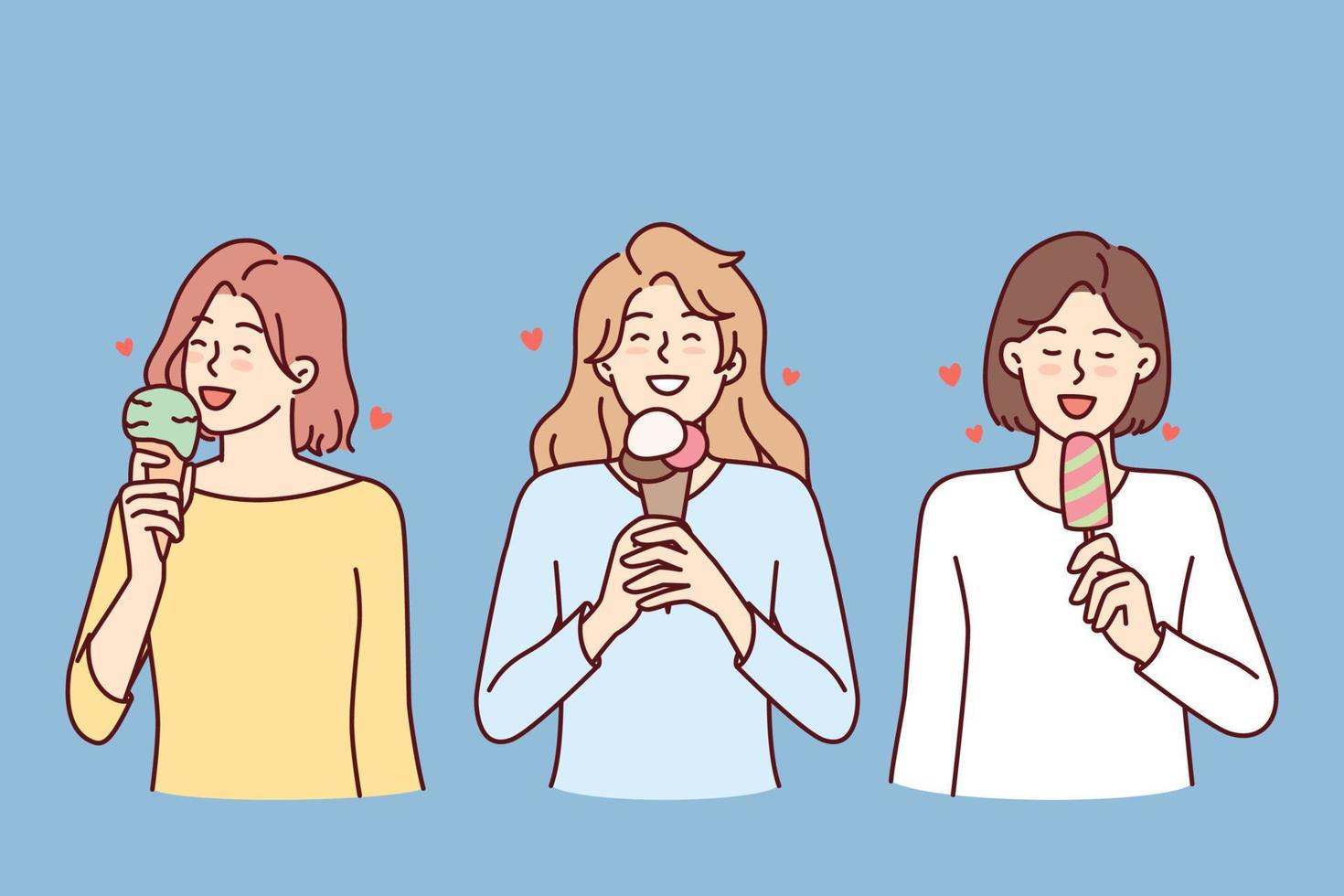 Mädchen Essen Eis Sahne zu cool Nieder während Sommer- gehen oder erfüllen ihr Hunger mit Straße Lebensmittel. drei Frauen mit kalt Eis Sahne genießen Süss Geschmack von Eis am Stiel auf Stock oder im Waffel Kegel vektor