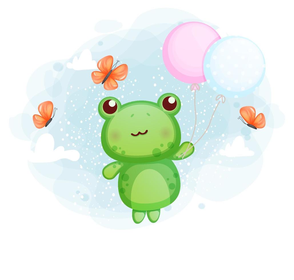 süßer kleiner Frosch, der mit Luftballons fliegt vektor
