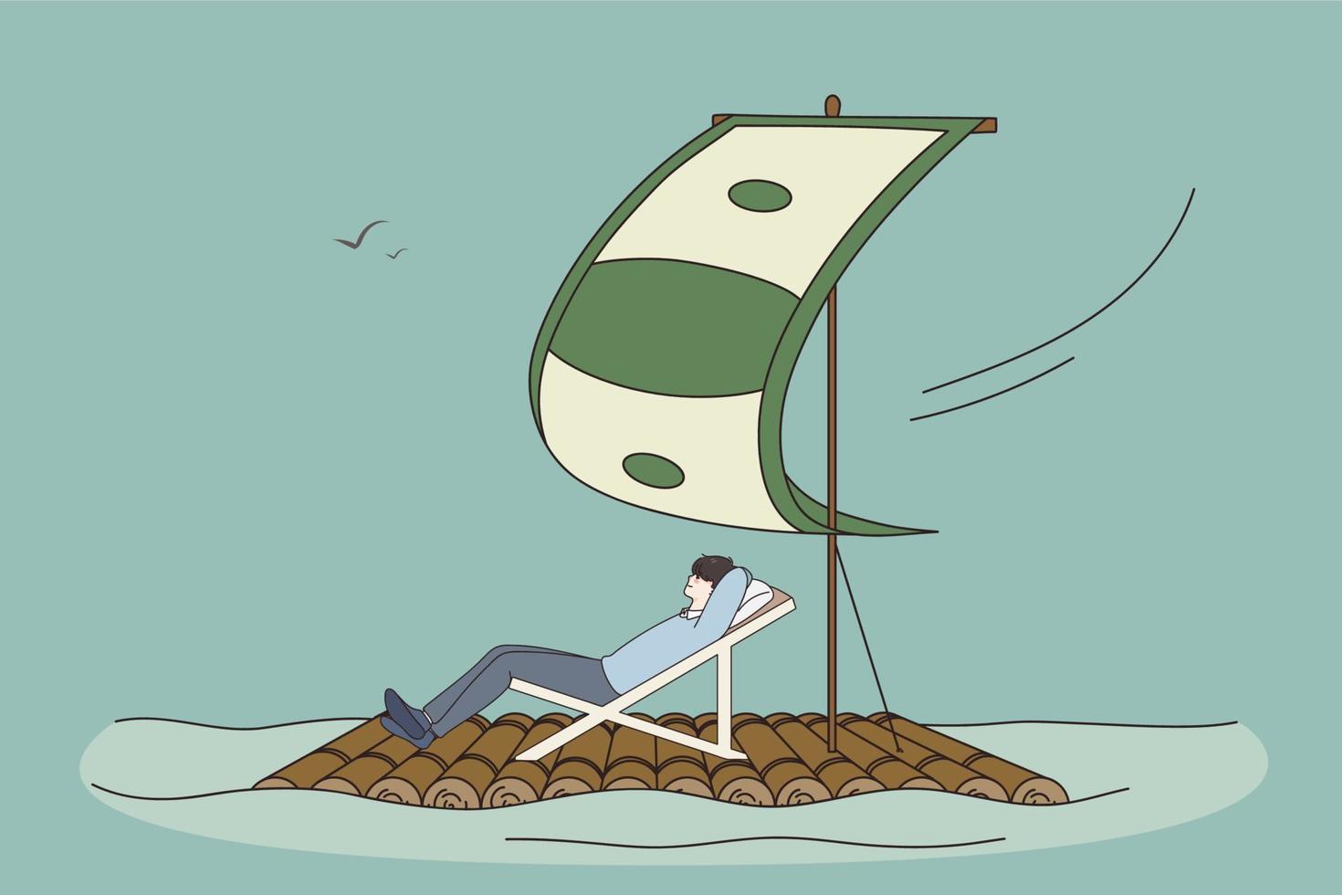 glücklich erfolgreich jung Geschäftsmann auf Boot unter Dollar segeln genießen passiv Einkommen oder profitieren. überglücklich Mann entspannen erhalten Dividende von gut finanziell Investition. Finanzen Erfolg. Vektor Illustration.