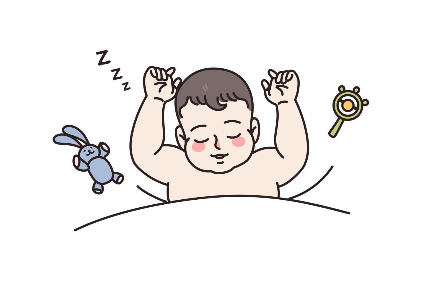 süß gesund Neugeborene Baby Schlaf im Bett mit Spielzeuge um. wenig Säugling Kind Kind entspannen Nickerchen Tagtraum im Wiege oder Stubenwagen. Kindheit Gesundheitswesen Konzept. Mutterschaft, Elternschaft. Vektor Illustration.