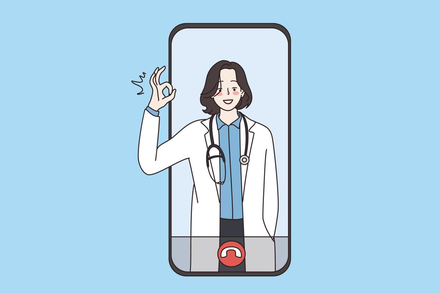 virtuell Arzt und online Gesundheit Konzept. jung lächelnd Frau Arzt im Weiß Uniform Stehen zeigen in Ordnung Zeichen von Smartphone Bildschirm Gesundheit und Telegesundheit Vektor Illustration