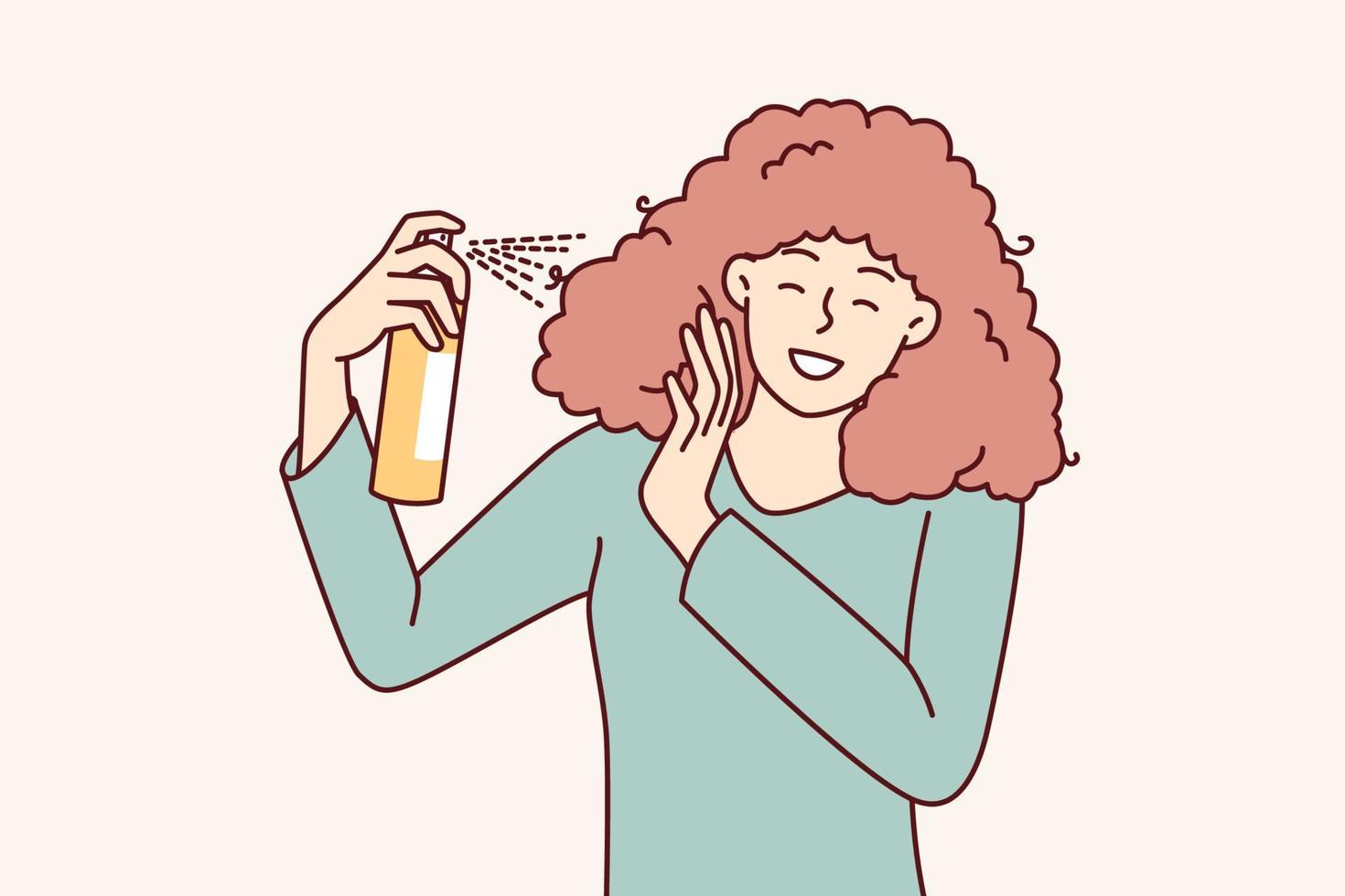 kvinna användningar spray till skapa Häftigt frisyr innan gående till fest eller gala middag. flicka är engagerad i oberoende hår vård, önskar till ha skön frisyr tack till kosmetisk Produkter vektor